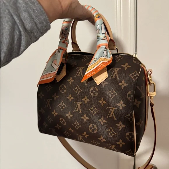 Louis Vuitton Brown Monogram Handbag with Orange Accents (Resale scarf included) - Picture 1 of 5